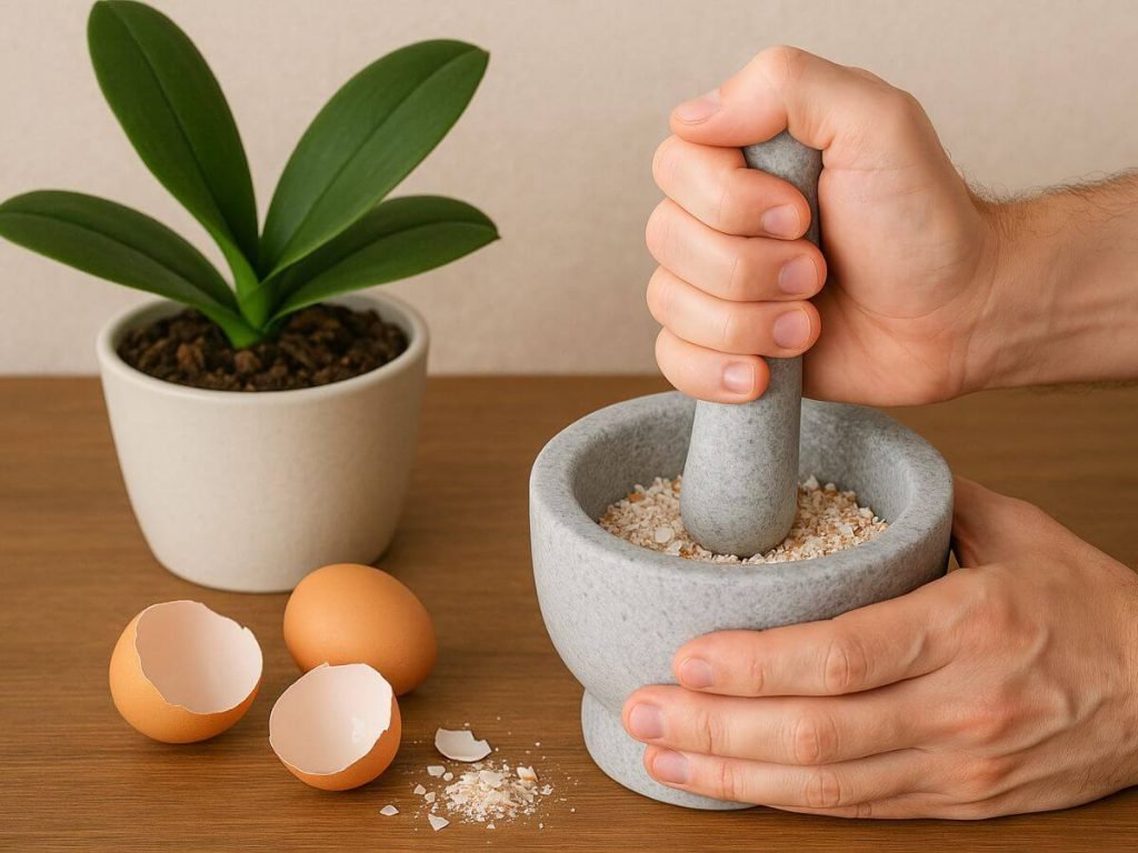 Casca de ovo triturada sendo preparada como adubo para orquídeas.