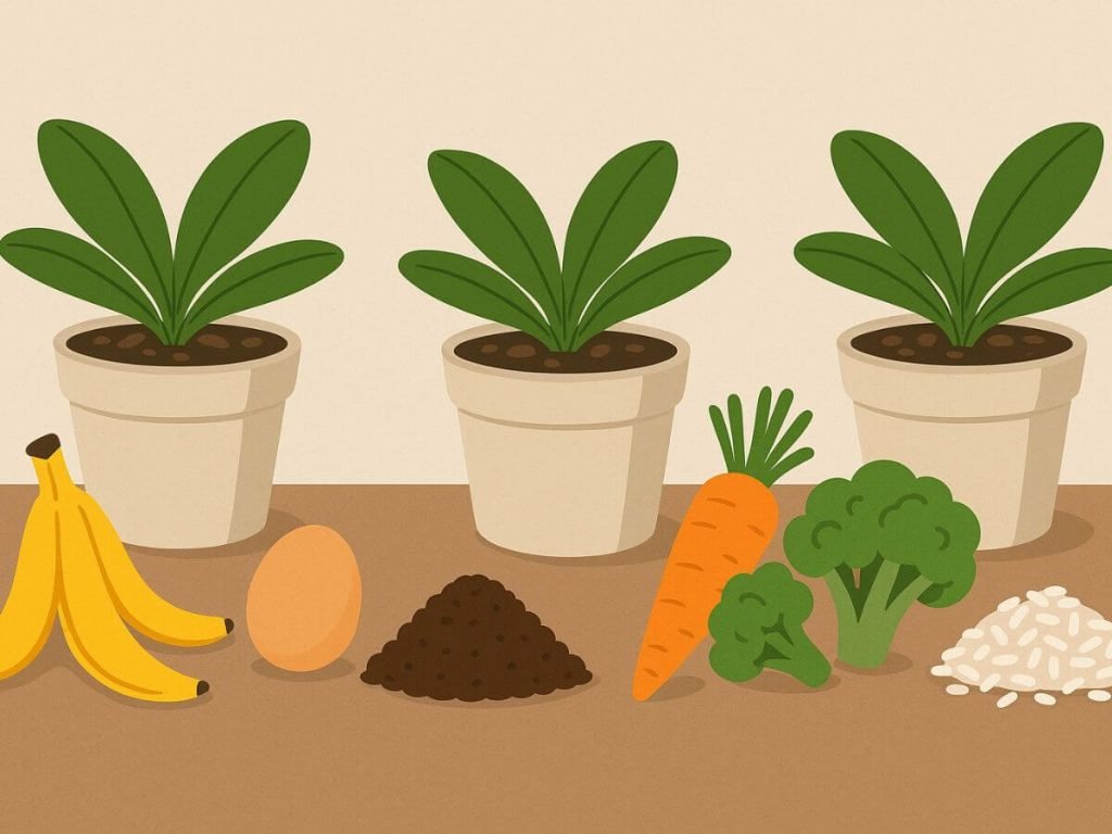 Diferentes ingredientes usados como adubo orgânico caseiro para orquídeas.