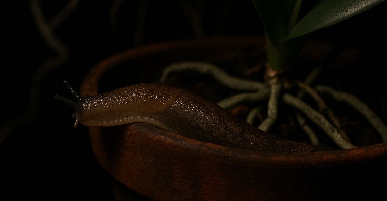 Lesma próxima ao substrato da orquídea.