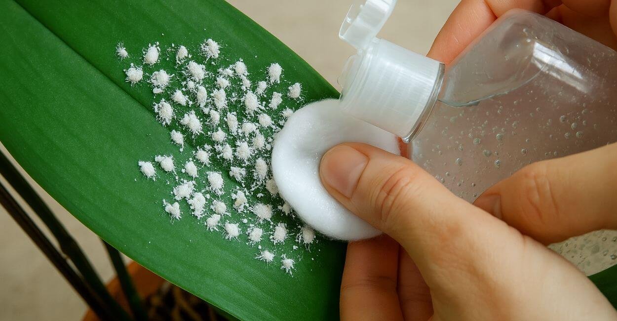 Folha de orquídea com cochonilhas sendo tratada com algodão e álcool.