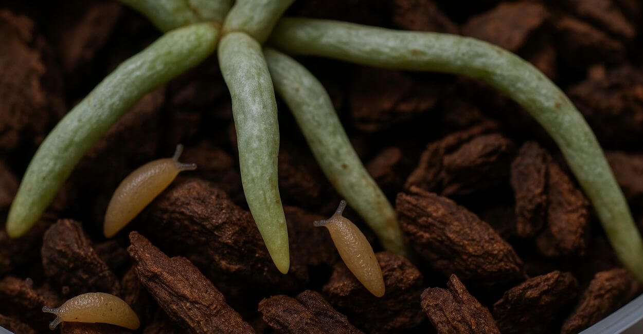 Lesmas de substrato em raízes de orquídea.