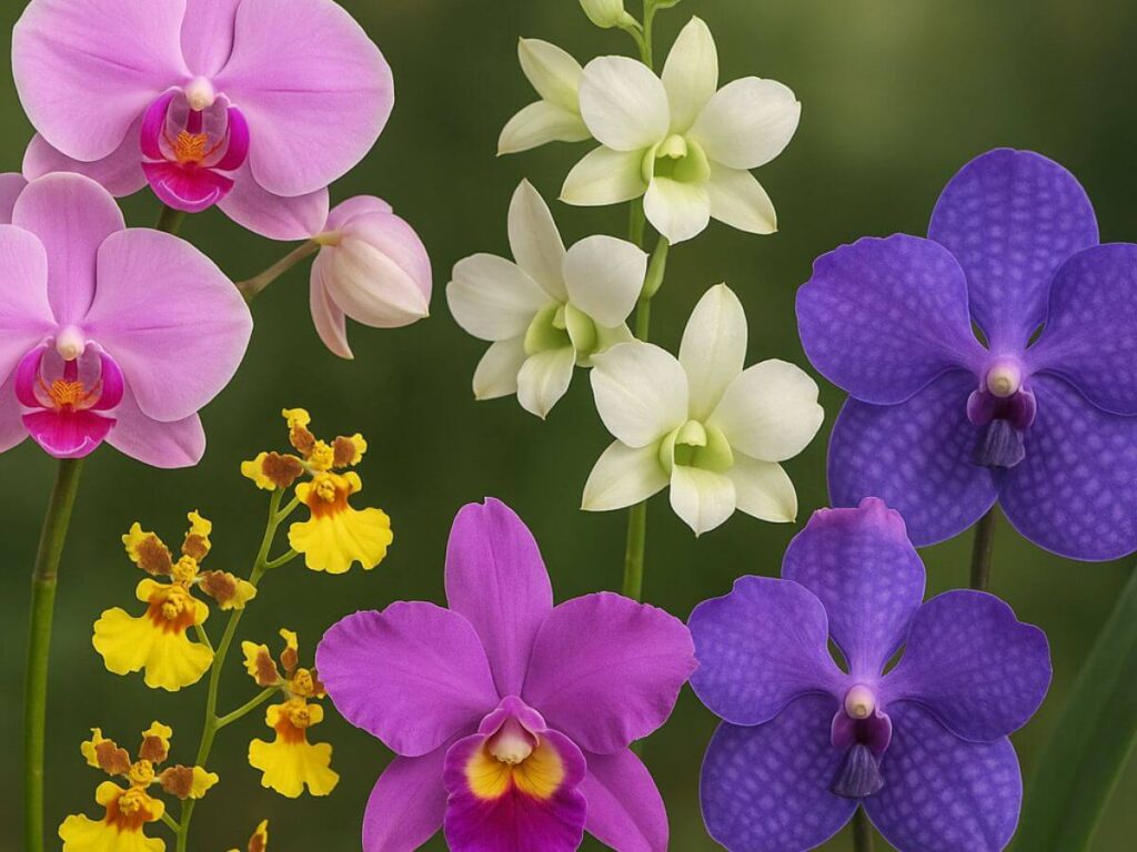 Cinco espécies de orquídeas coloridas, Phalaenopsis, Dendrobium, Oncidium, Cattleya e Vanda em primeiro plano.