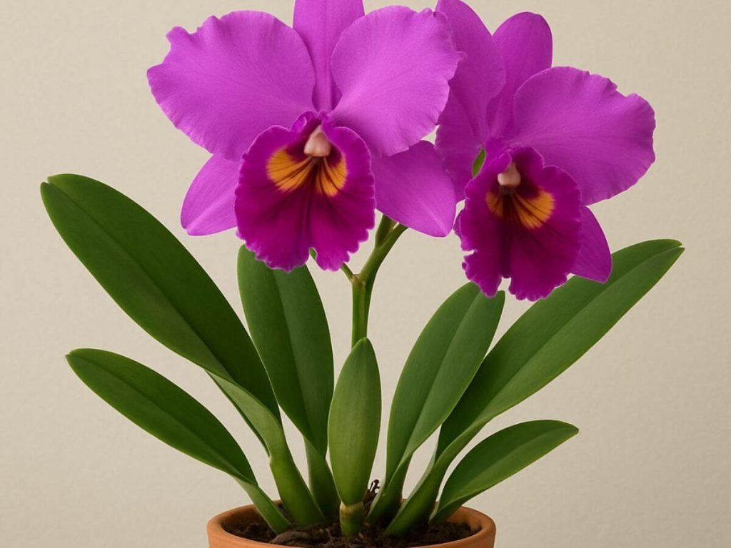 Orquídea Cattleya roxa em vaso de barro.