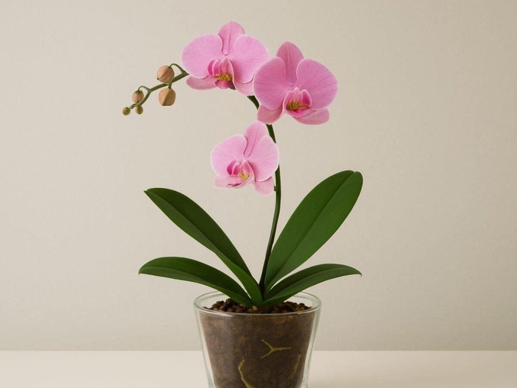 Orquídea Phalaenopsis rosa em vaso transparente.