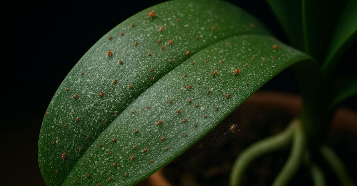 Folha de orquídea infestada por ácaros em orquídeas, mostrando manchas prateadas, pontos vermelhos e teias características.