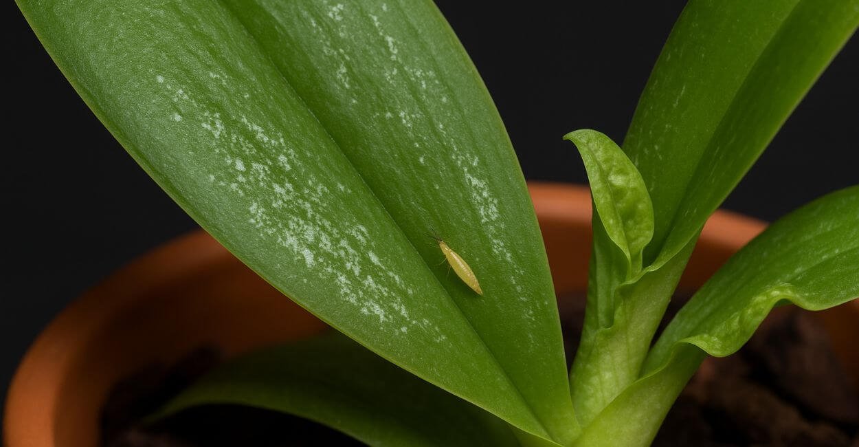 Folha de orquídea infestada por trips, com manchas prateadas e inseto visível.