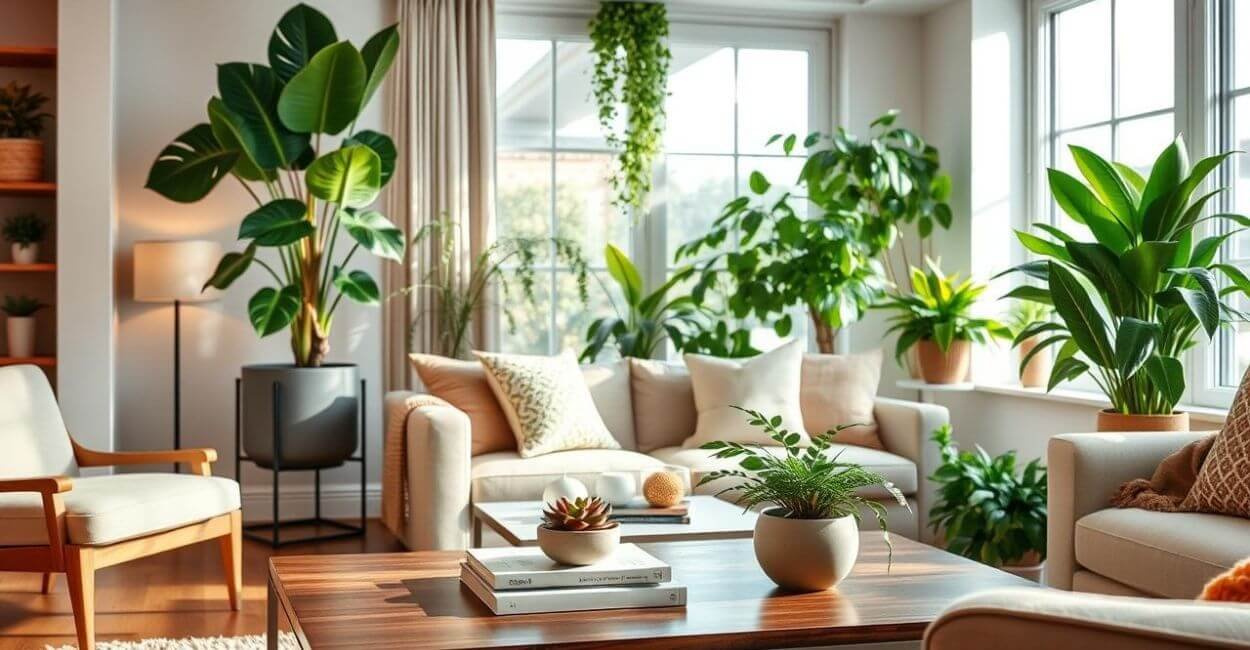 Plantas decorando sala de estar moderna