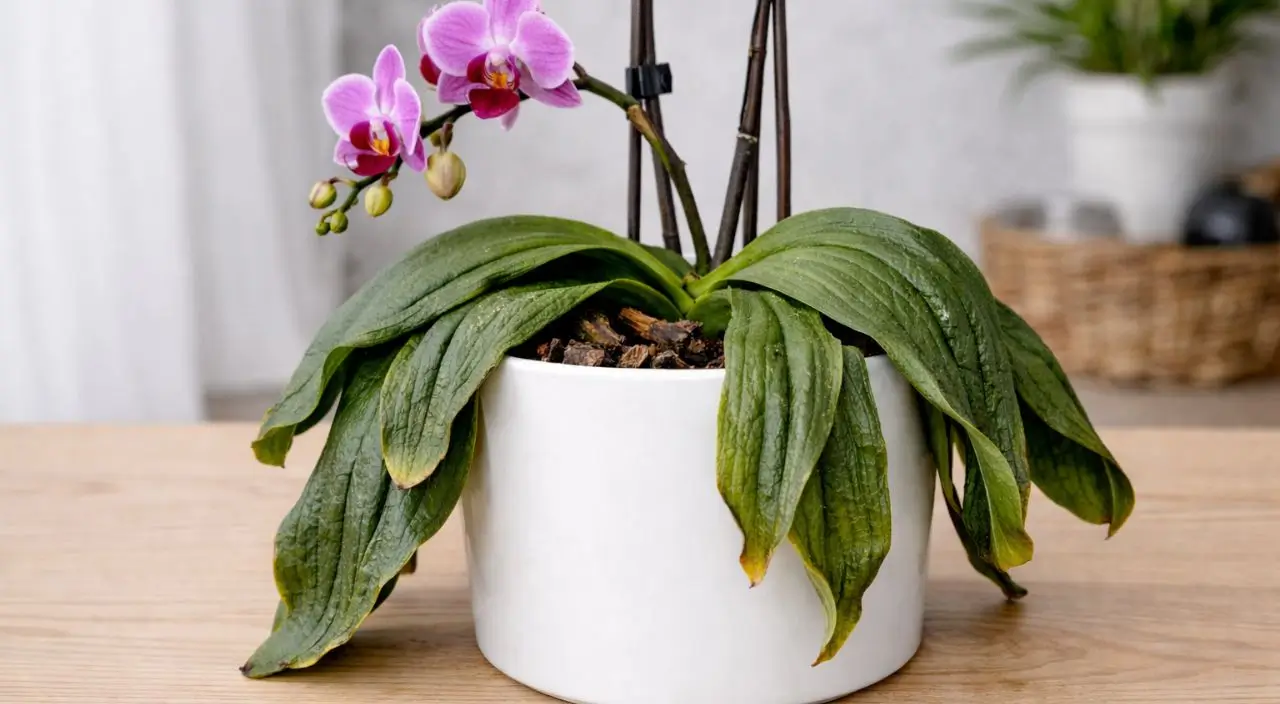 Vaso de orquídea Phalaenopsis com folhas moles e levemente enrugadas sobre mesa de madeira.