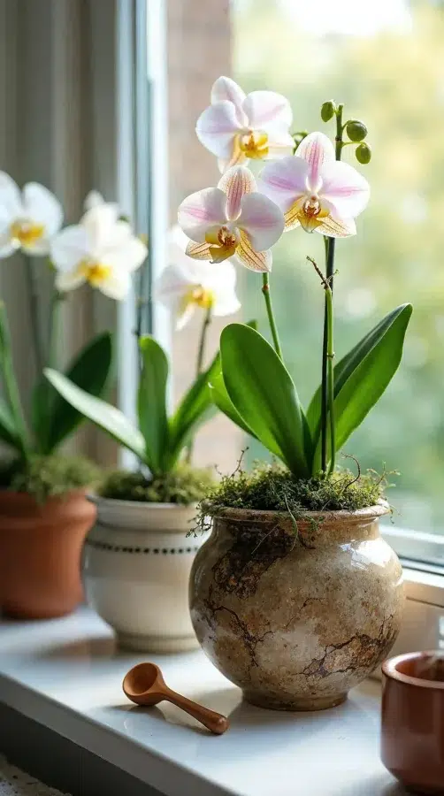 Orquídeas deslumbrantes no seu vaso