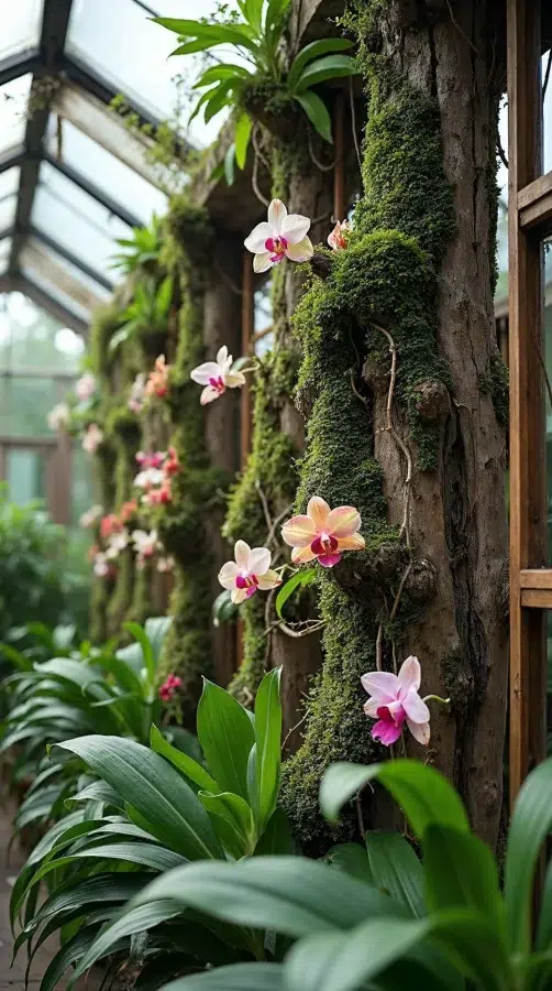 Parede viva de orquídeas em troncos
