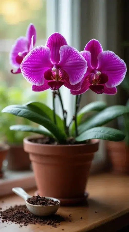 Orquídeas vibrantes com borra de café