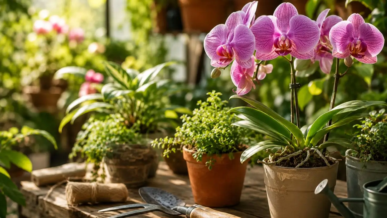 Orquídeas rosas em vasos sobre mesa de madeira cercadas por plantas verdes e ferramentas de jardinagem em ambiente iluminado naturalmente.