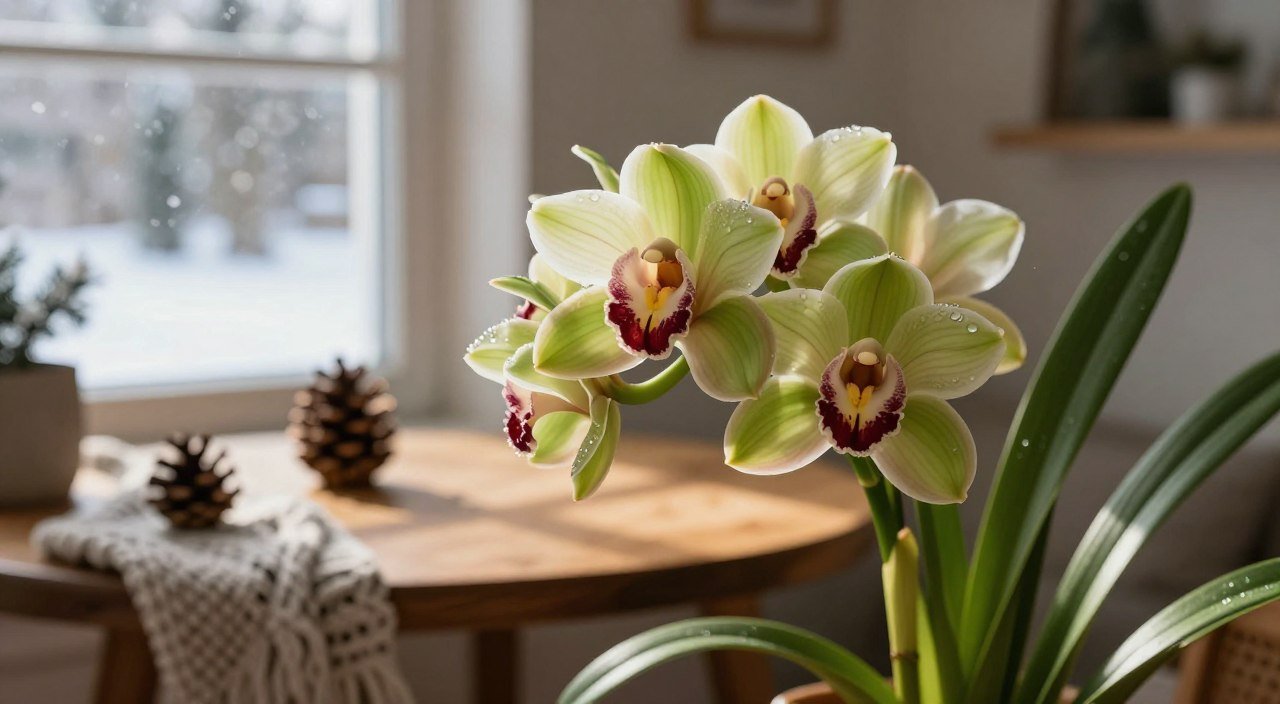 Orquídea Cymbidium cultivada em ambiente iluminado durante o inverno, com flores em tons de verde, creme e bordô.