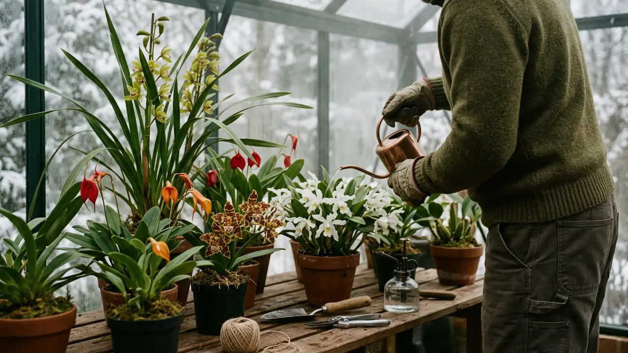 Cultivador realizando os cuidados com orquídeas Cymbidium, Coelogyne cristata, Masdevallia e Odontoglossum.