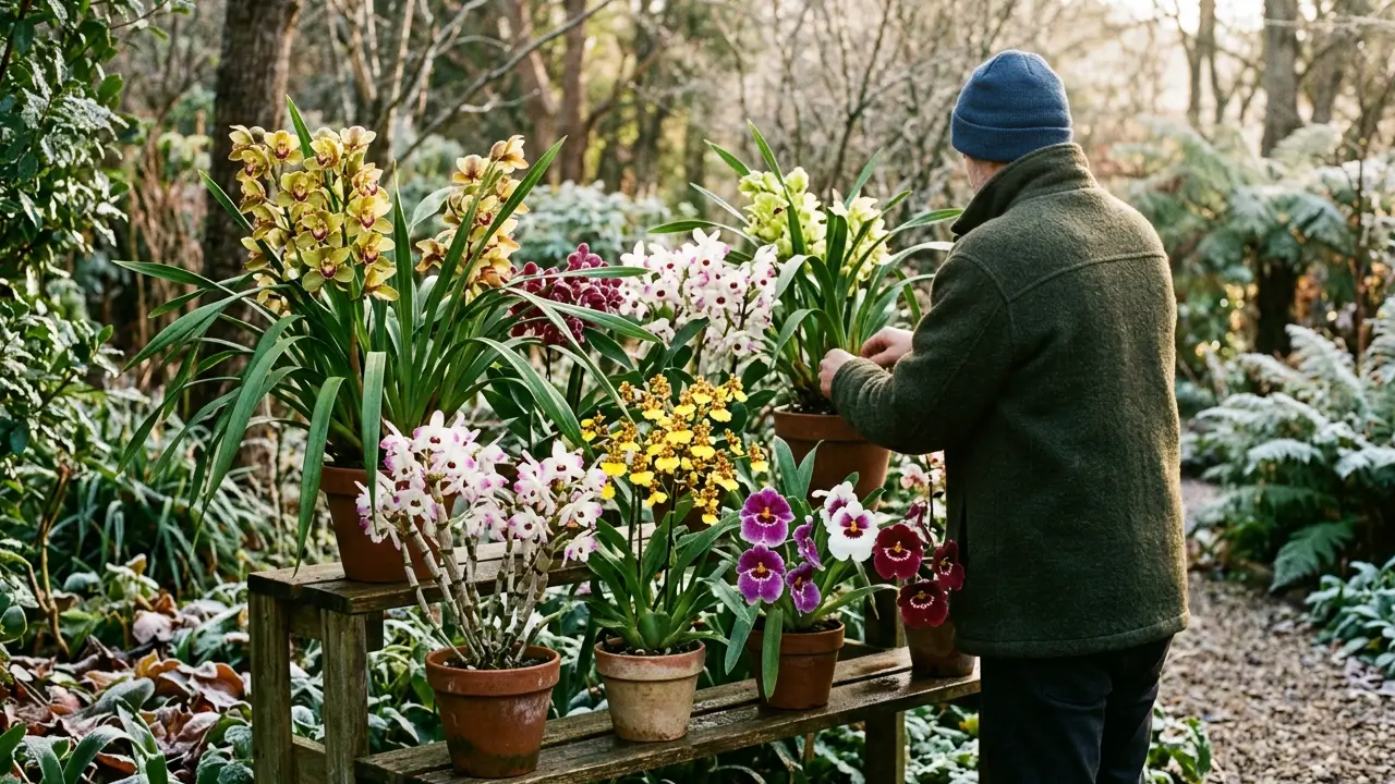 Orquídeas Cymbidium, Dendrobium nobile, Oncidium e Miltonia cultivadas durante o inverno.