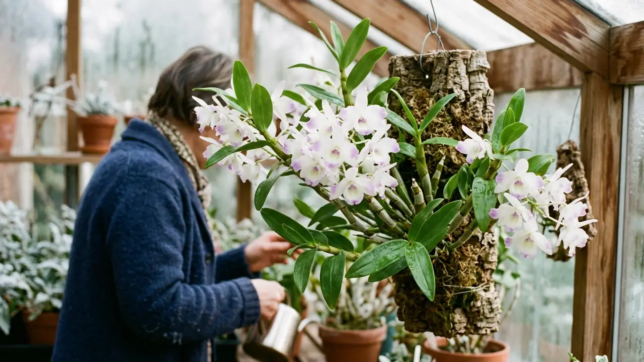 Orquídea Dendrobium nobile em floração durante o inverno, cultivada em ambiente interno iluminado.
