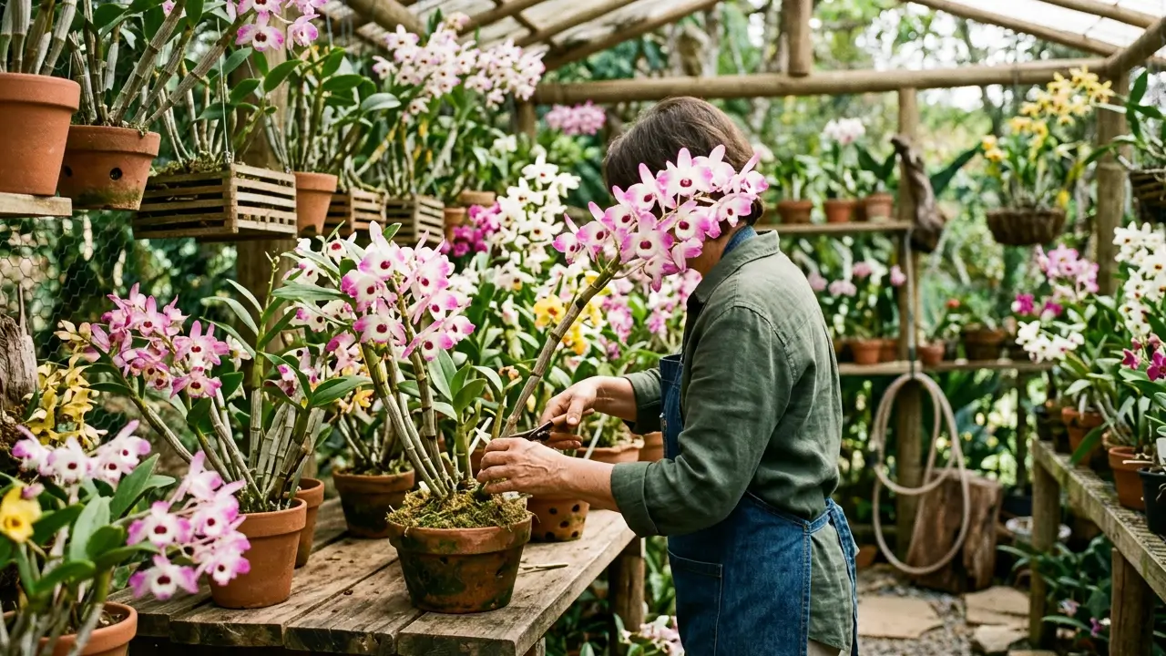 Orquídeas Dendrobium nobile cultivadas em vasos decorativos, com flores em tons de branco, rosa e roxo.