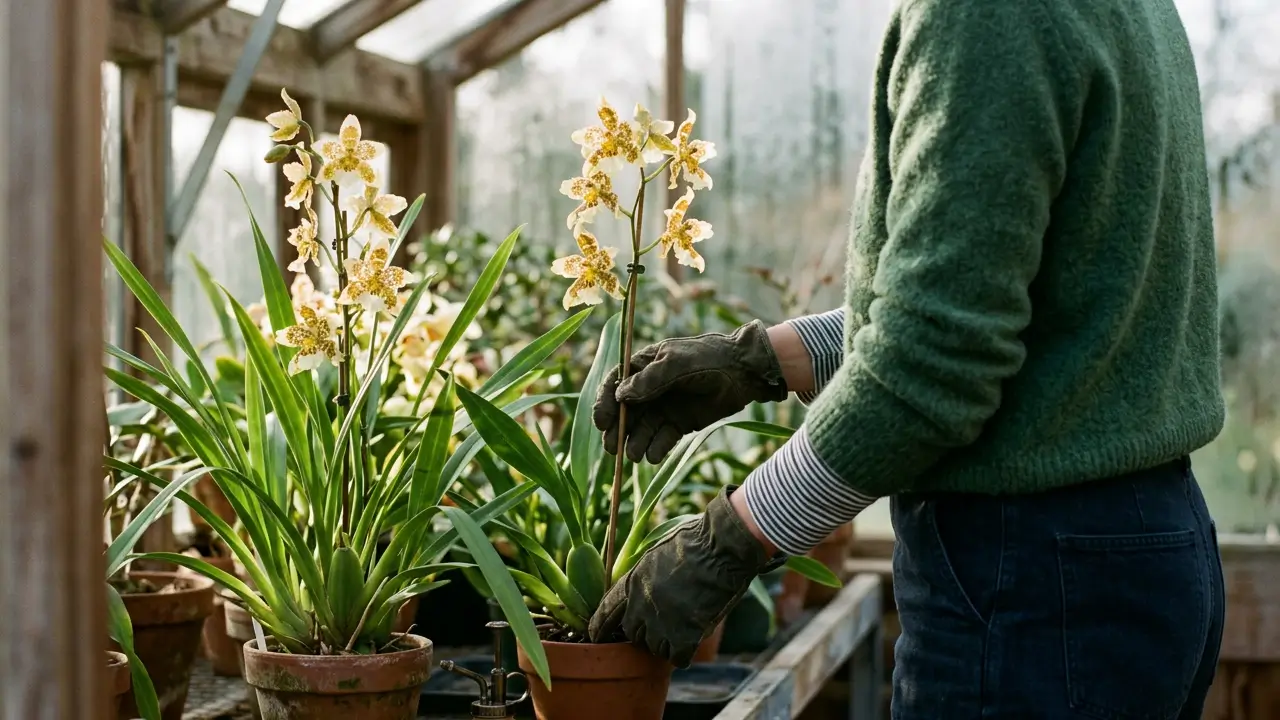 Orquídea Odontoglossum florida durante o inverno, com flores amarelas, creme e marrons em ambiente iluminado.