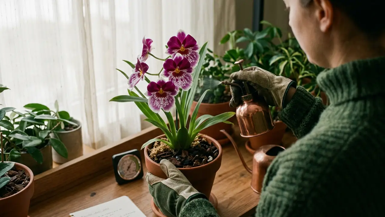 Orquídea Miltonia com flores roxas e brancas cultivada em ambiente protegido durante o inverno.