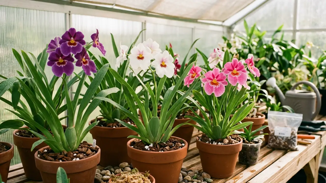 Orquídeas Miltonia com flores roxas, brancas e rosas cultivadas em vasos em ambiente iluminado.