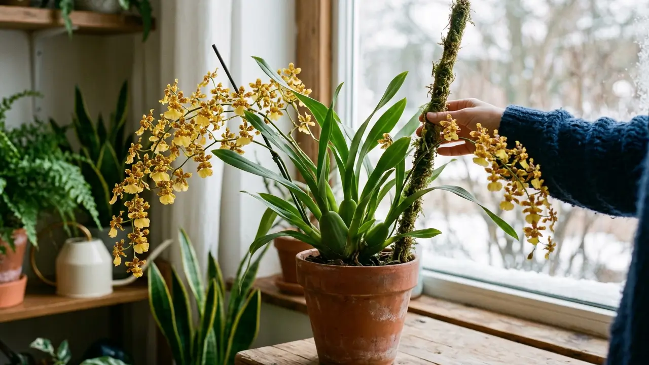 Orquídea Oncidium com flores amarelas cultivada em ambiente protegido e iluminado durante o inverno.