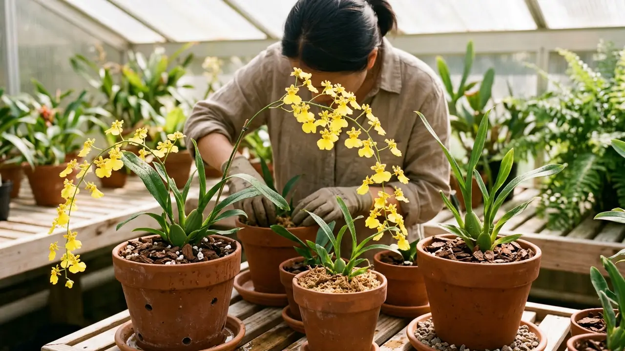 Orquídeas Oncidium com flores amarelas cultivadas em vasos de terracota em ambiente iluminado.