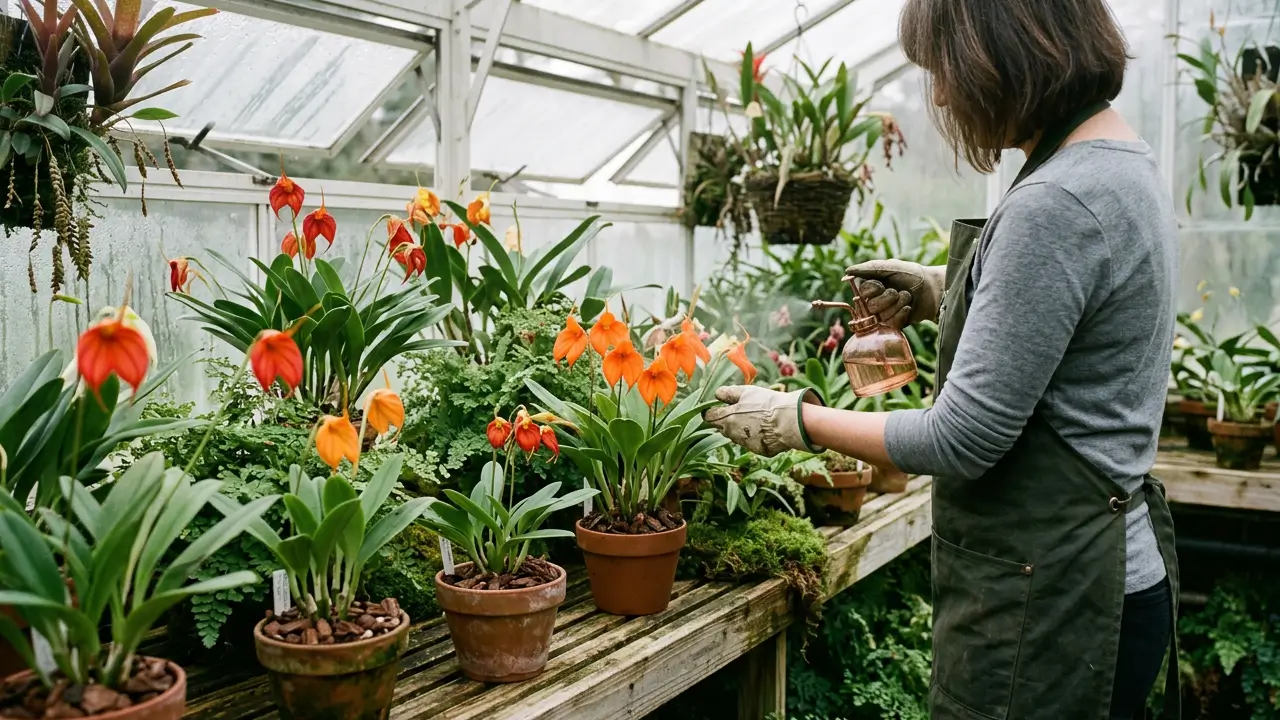 Orquídea Masdevallia florida em ambiente fresco e úmido, com flores coloridas e folhagem verde saudável.