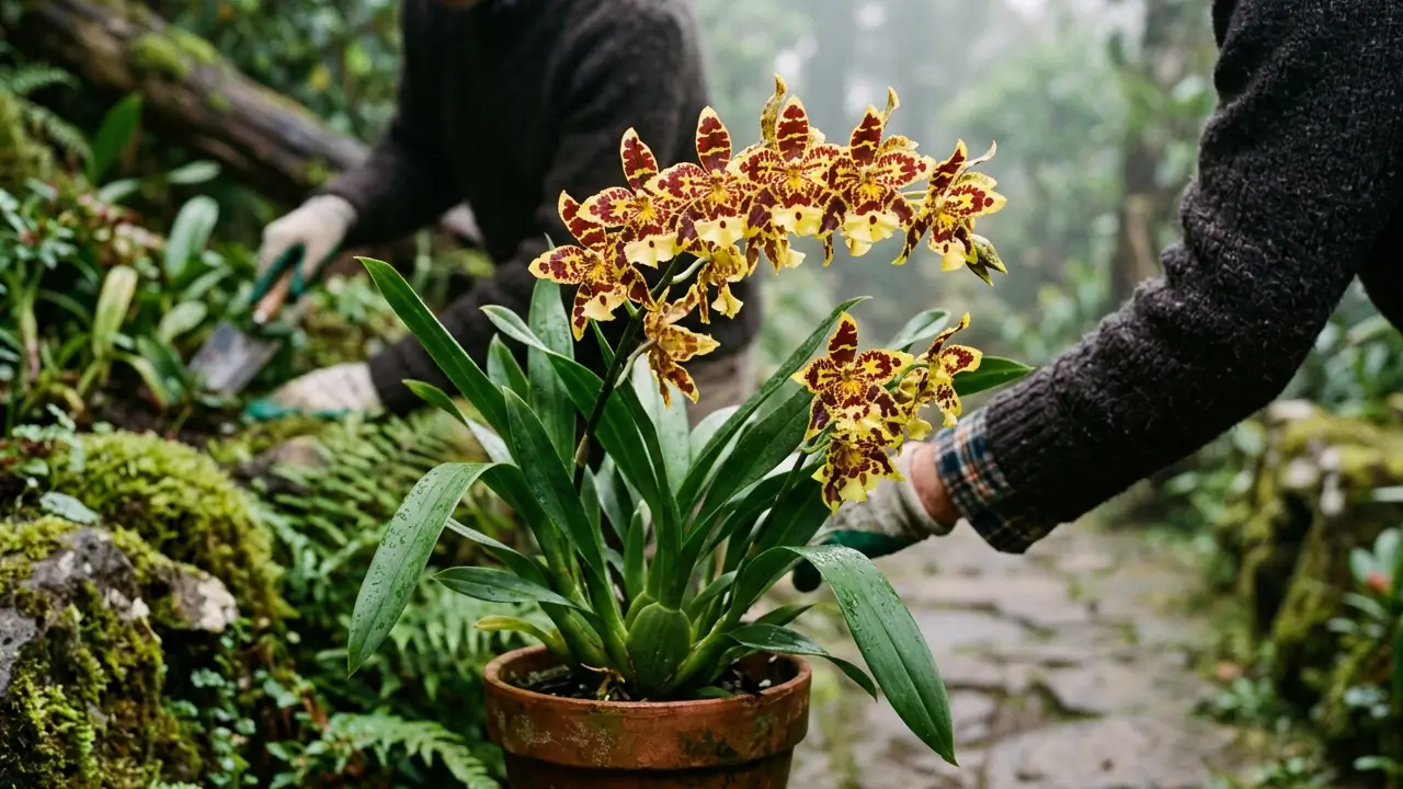 Orquídea Odontoglossum em floração com flores amarelas e bordô em ambiente fresco e iluminado.