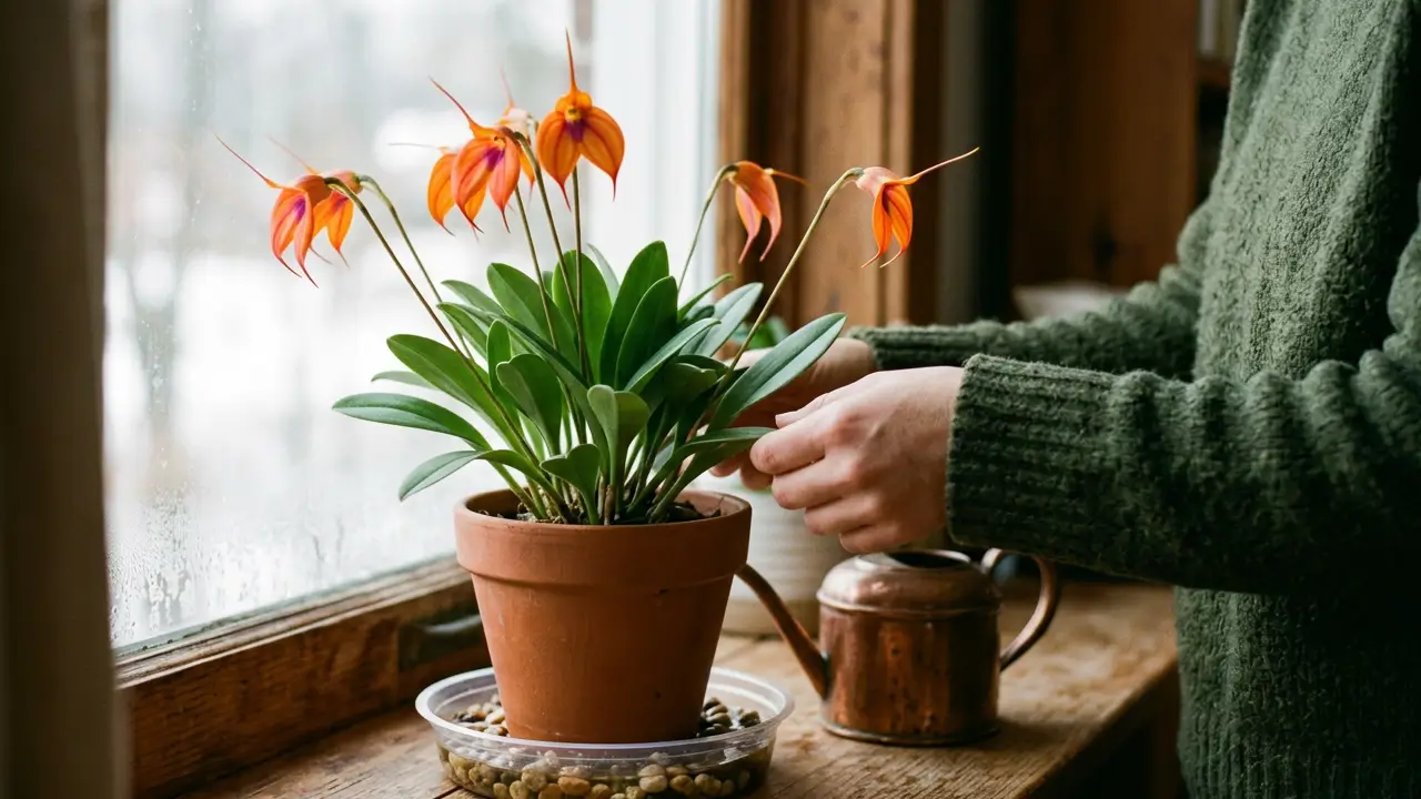 Orquídea Masdevallia em ambiente protegido com utensílios de cultivo e controle de umidade durante o inverno.