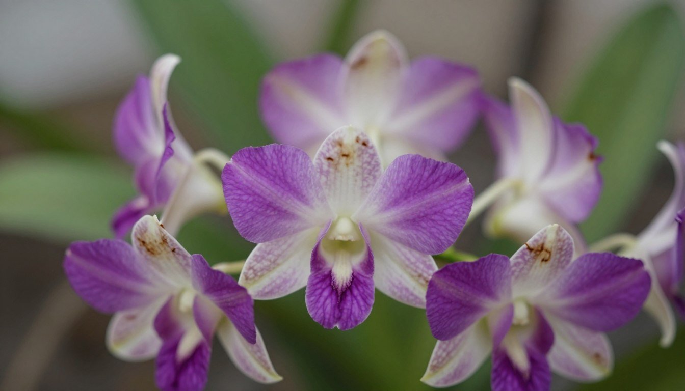 Flores de orquídea murchas com pétalas caídas e bordas amarronzadas mostrando sinais de fim da floração.