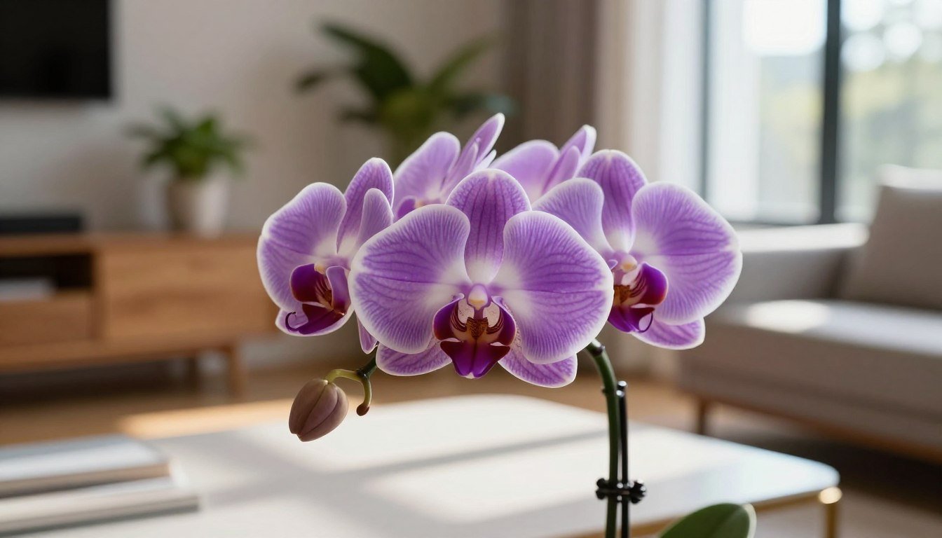 Orquídea florida em tons de roxo e branco posicionada próxima a uma janela com iluminação natural indireta.