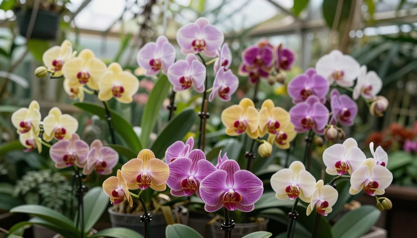 Orquídeas Phalaenopsis e Cattleya floridas em ambiente interno iluminado, com flores de diferentes cores e formatos.