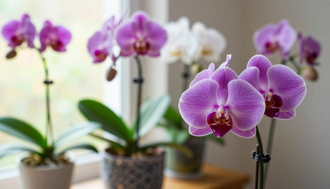 Orquídeas floridas em tons de rosa, branco e roxo cultivadas em ambiente interno com boa iluminação natural.