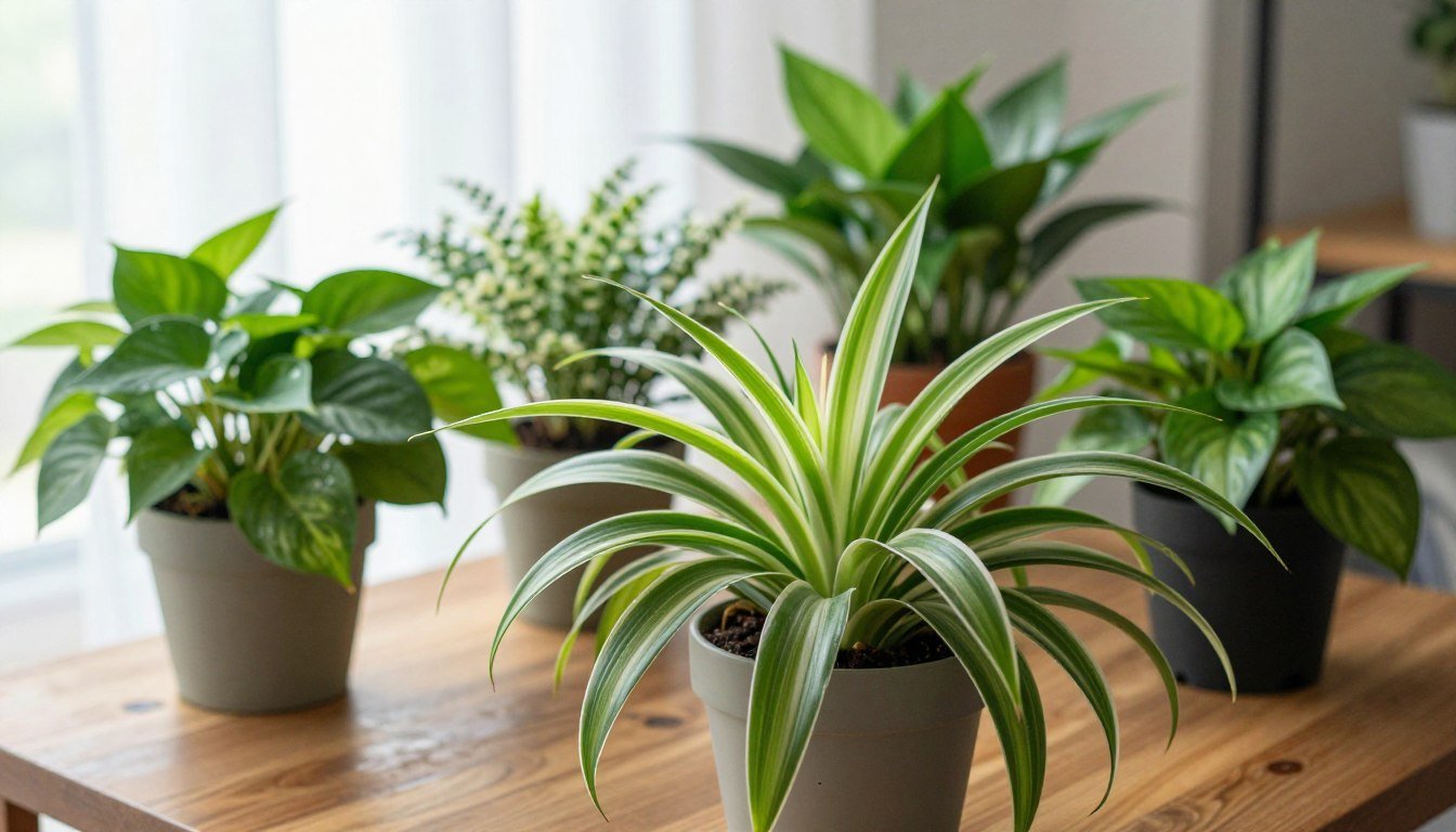 Clorofito com folhas verdes e brancas cultivado em vaso dentro de casa, acompanhado de outras plantas de fácil manutenção.