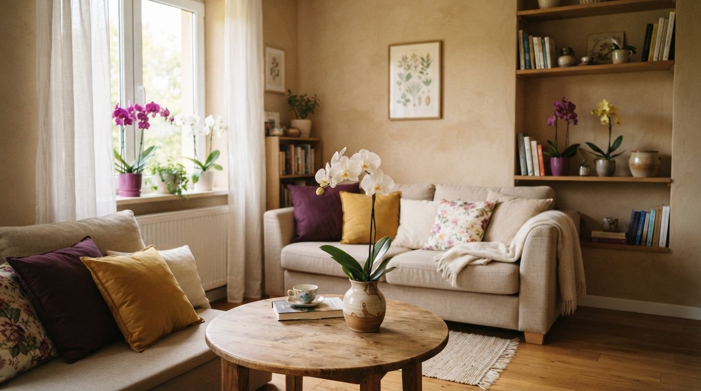 Orquídeas brancas, roxas e amarelas combinadas com a decoração de uma sala pequena em tons neutros e terrosos.