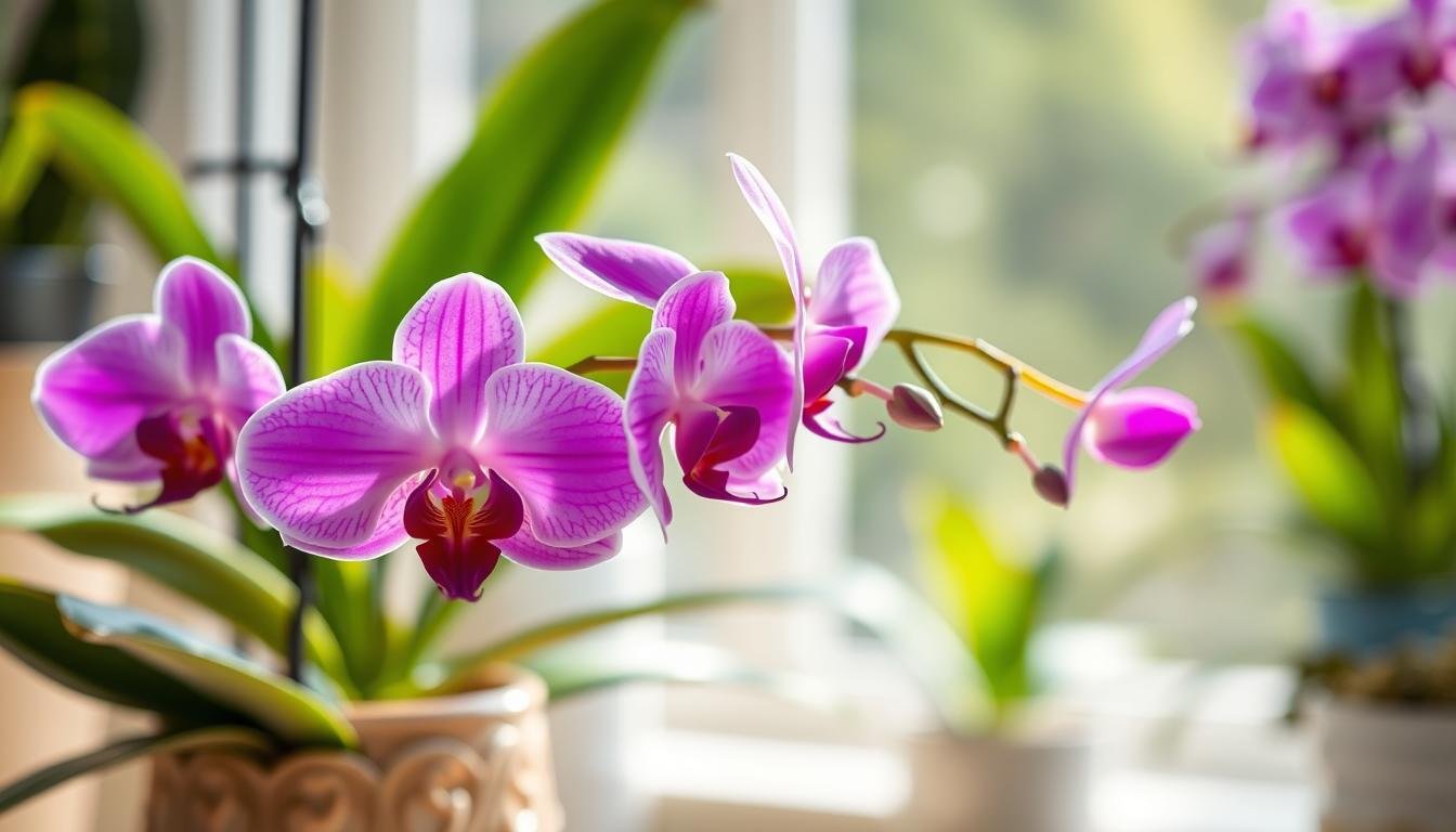 Orquídea Phalaenopsis saudável com flores roxas e brancas e folhas verdes cultivada em ambiente interno iluminado.