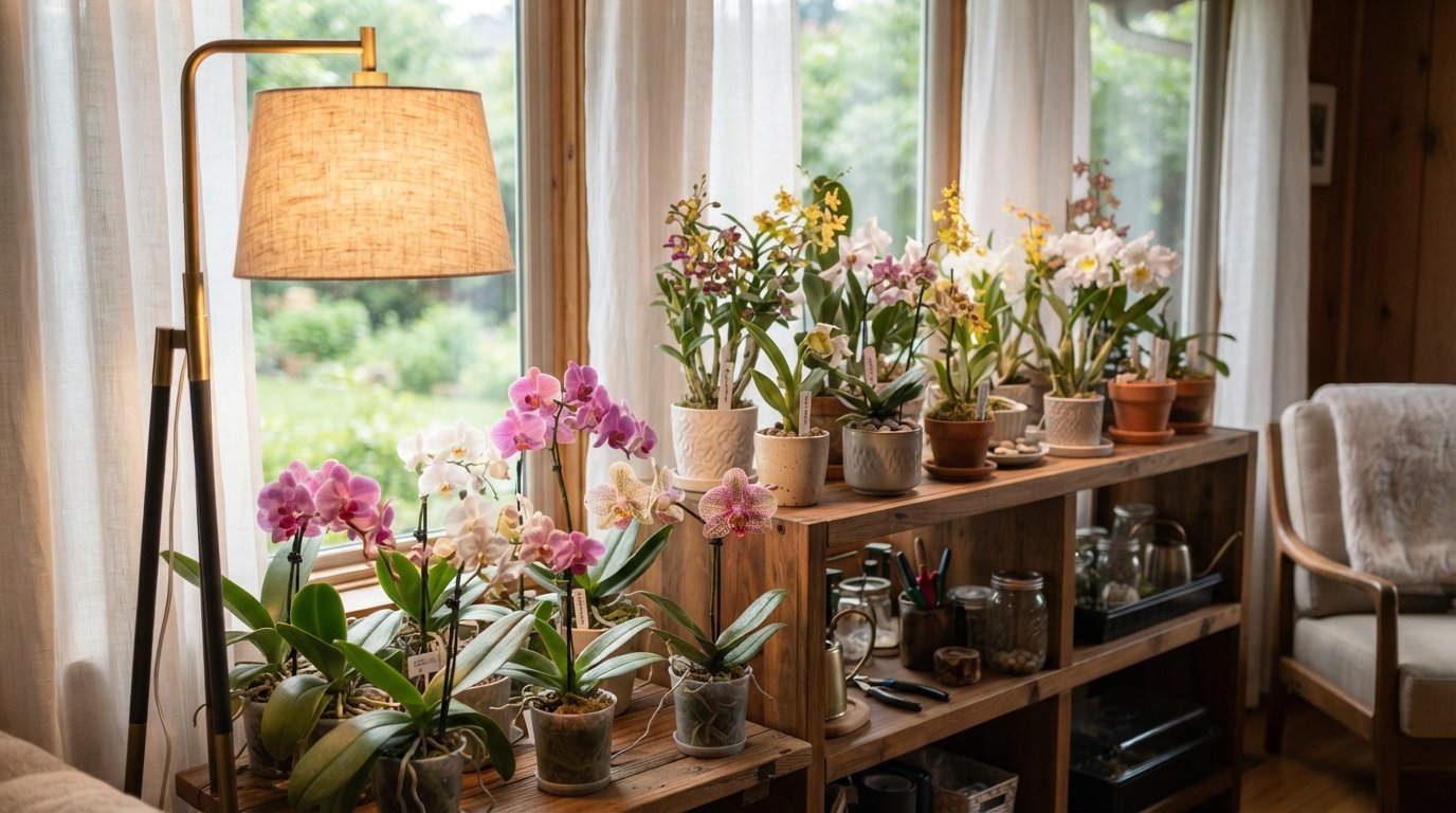 Orquídeas organizadas em prateleira recebendo luz natural de uma janela e iluminação artificial complementar.