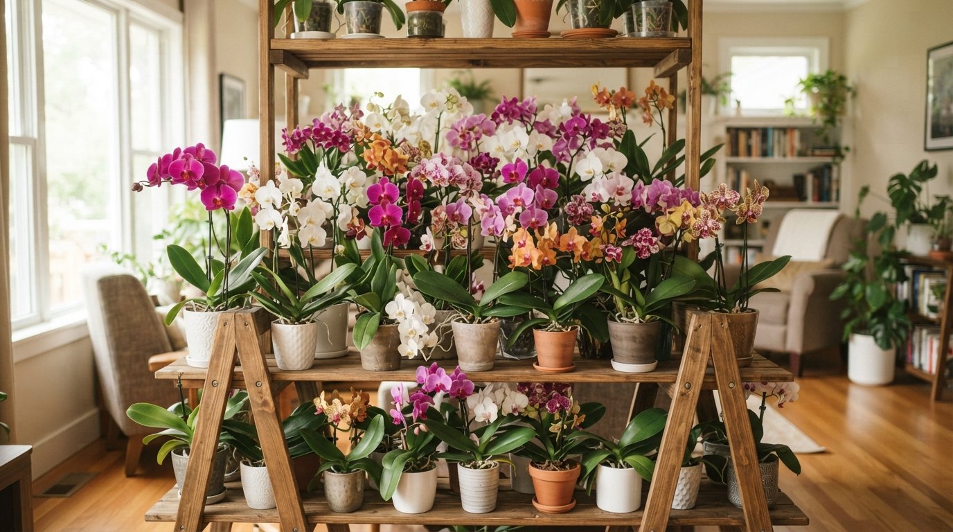 Orquídeas Phalaenopsis e Cattleya organizadas em diferentes alturas sobre prateleira de madeira em cantinho de cultivo.