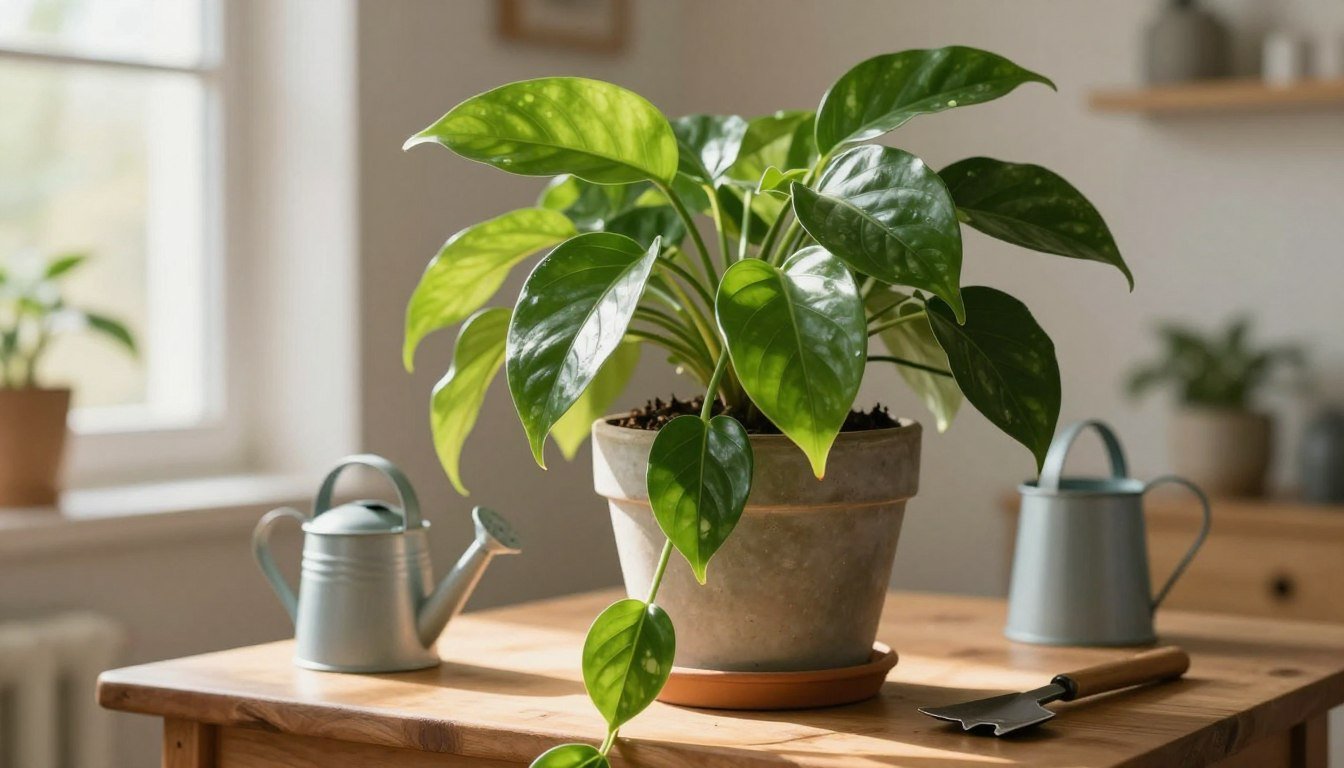 Jiboia saudável com folhas verdes e ramos pendentes cultivada próxima a uma janela com luz natural indireta.