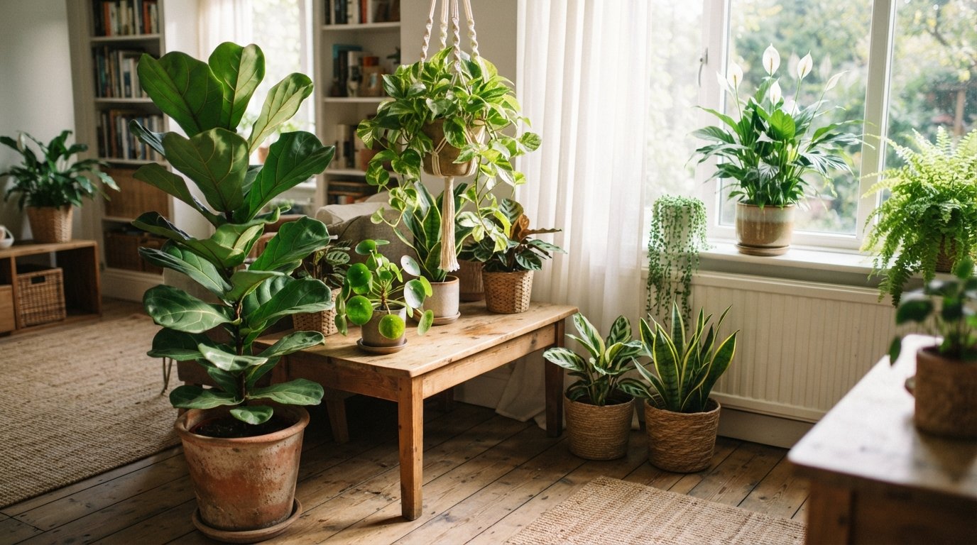 Ficus lyrata, jiboia e lírio-da-paz cultivados em diferentes vasos dentro de casa com iluminação natural.