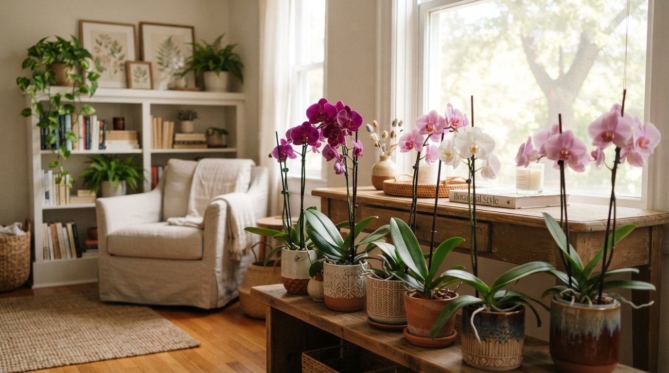 Orquídeas floridas em tons de roxo, branco e rosa cultivadas em diferentes vasos e cachepôs decorativos dentro de casa.
