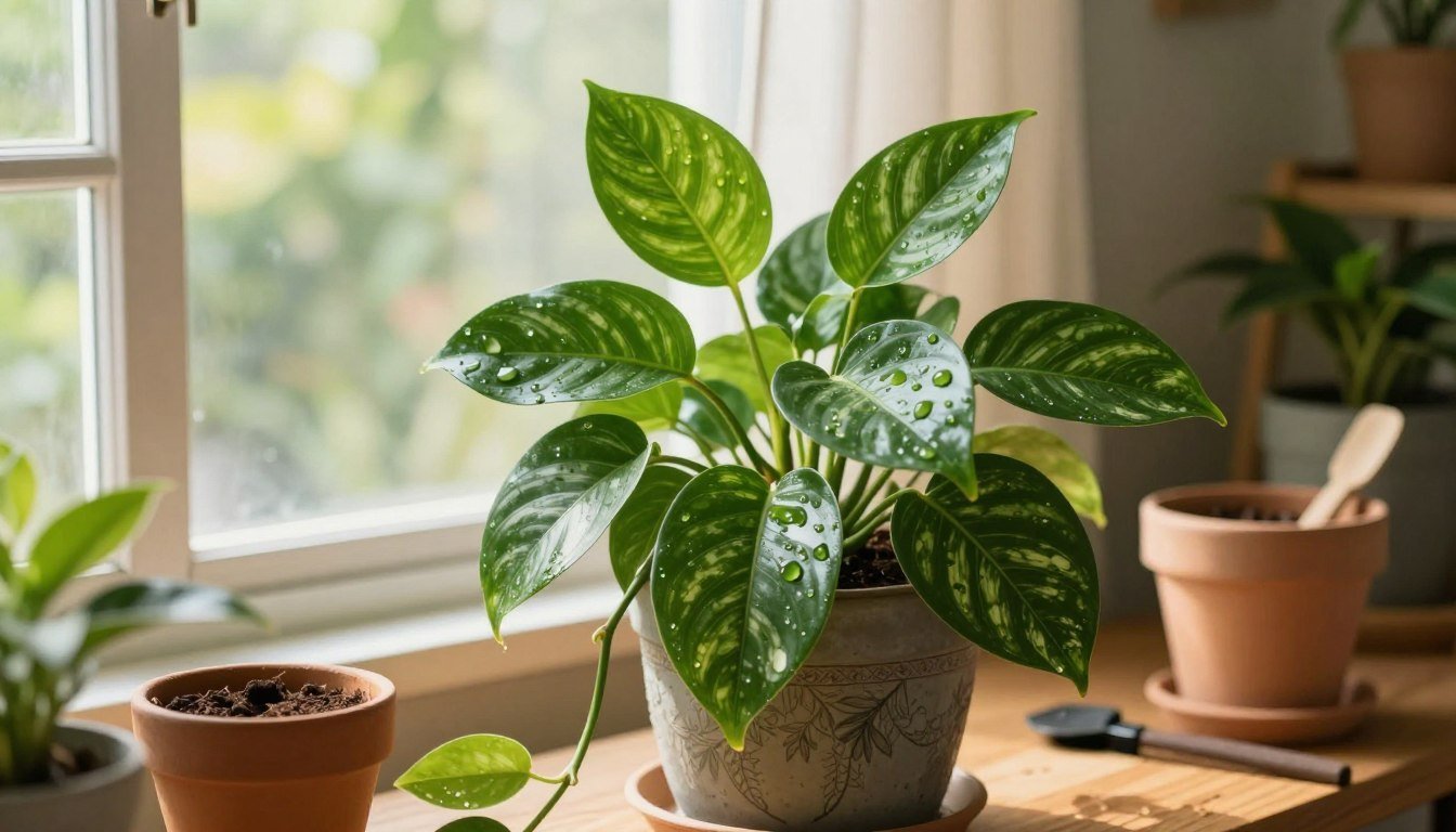Jiboia saudável com folhas verdes e ramos pendentes cultivada em vaso próximo a uma janela iluminada.