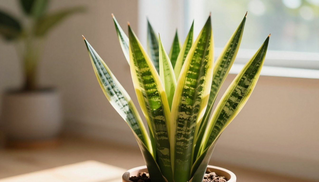Espada-de-São-Jorge saudável com folhas verdes e amarelas, eretas e vigorosas, cultivada em vaso dentro de casa.