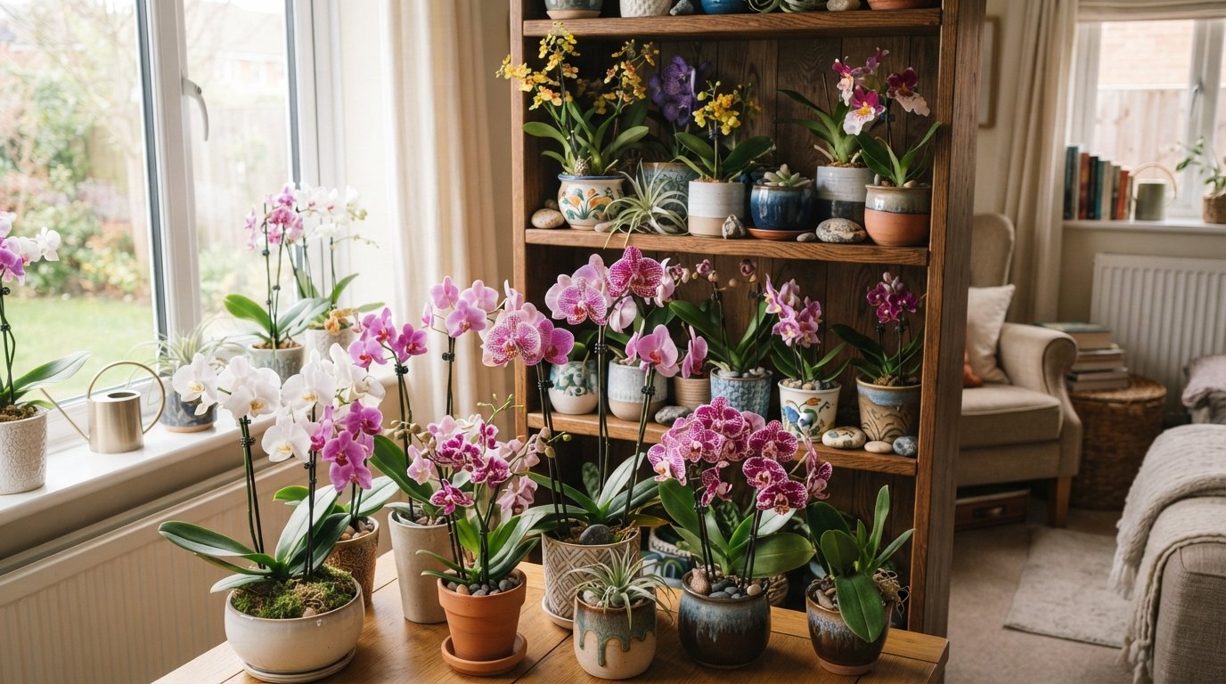 Orquídeas floridas em tons de branco, rosa e roxo organizadas em vasos sobre prateleira próxima a uma janela.