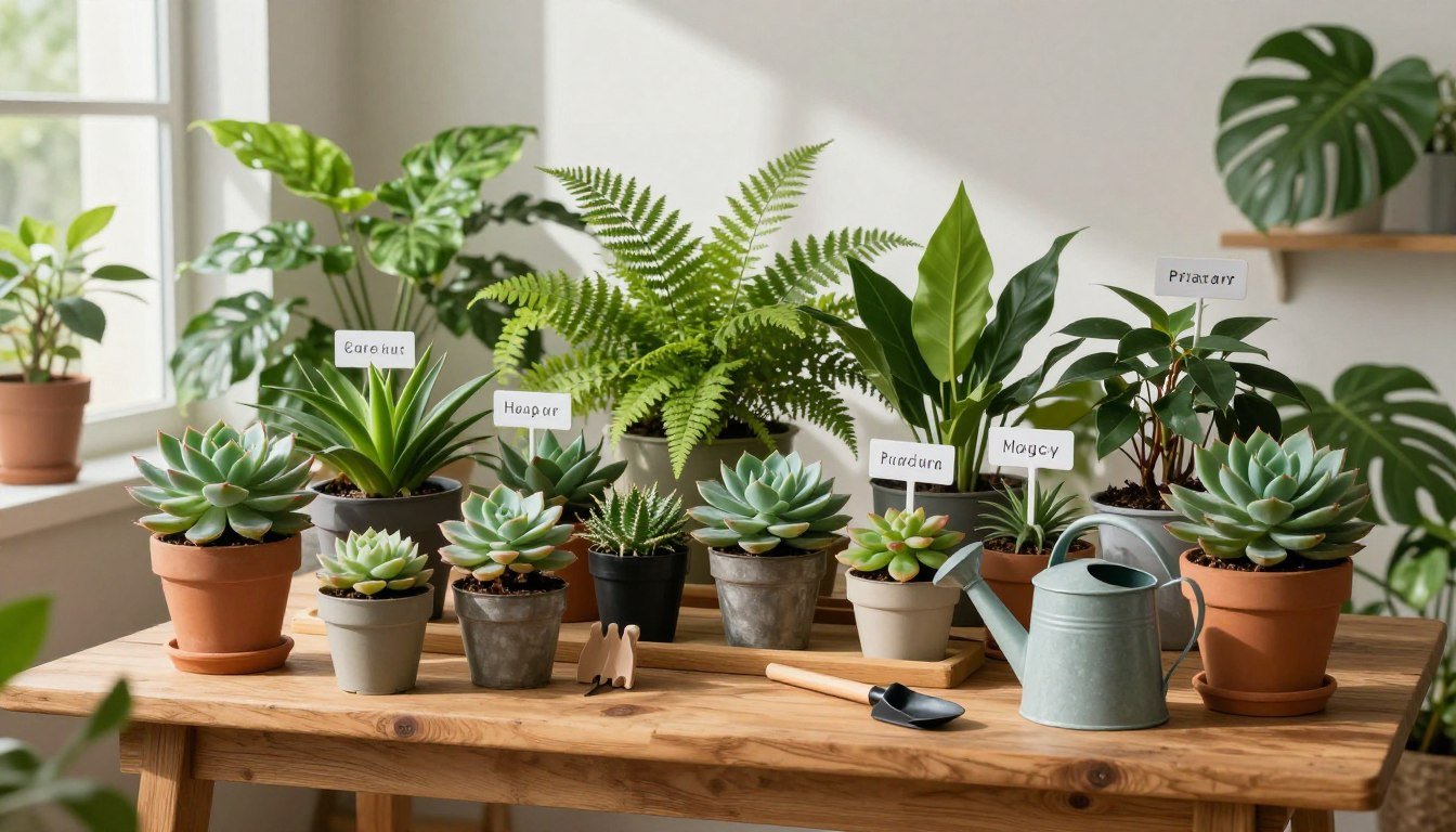 Várias plantas em vasos organizadas sobre uma mesa com regador e ferramentas de jardinagem em ambiente interno iluminado.