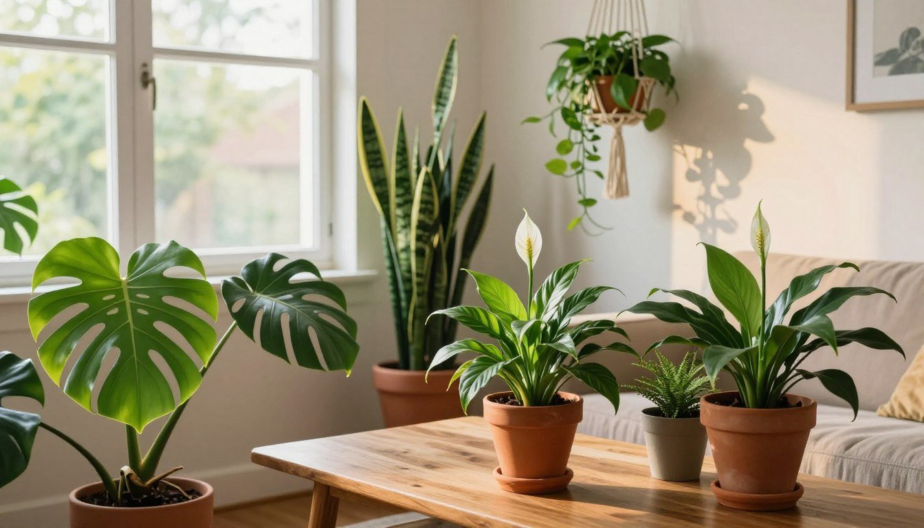 Plantas de interior saudáveis, incluindo costela-de-adão, lírio-da-paz, Espada-de-São-Jorge e jiboia, em ambiente bem iluminado.