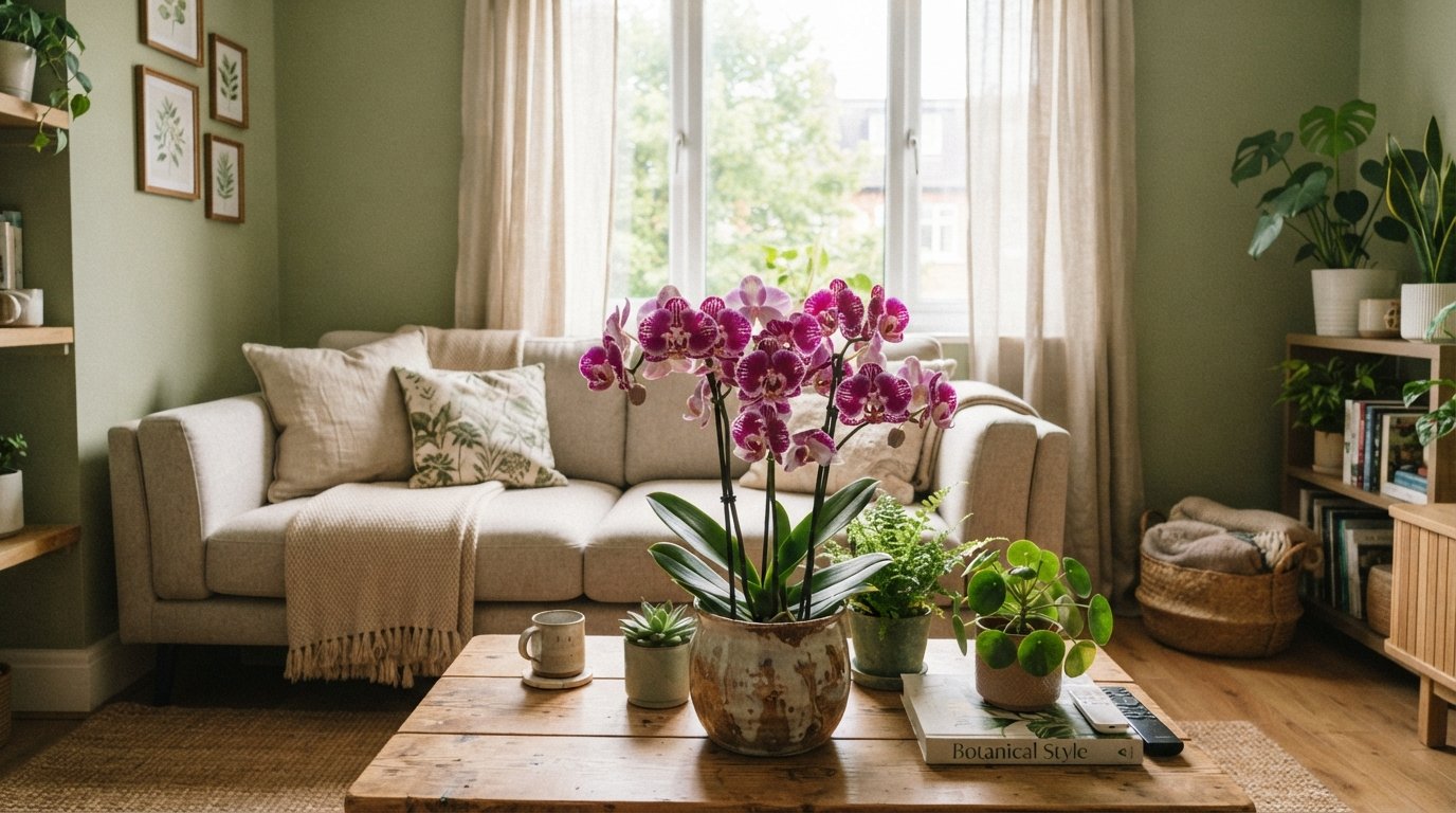 Orquídea florida em vaso de cerâmica decorando uma sala de apartamento pequeno com iluminação natural.