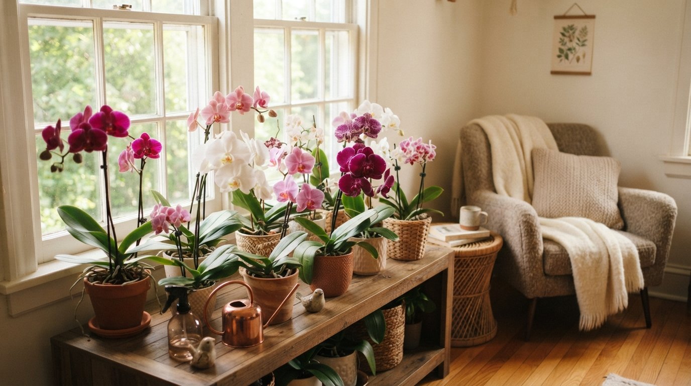 Orquídeas brancas, rosas e roxas cultivadas em vasos próximos a uma janela com iluminação natural dentro de casa.