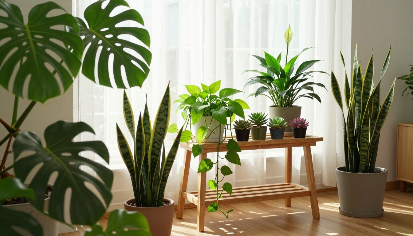 Costela-de-adão, jiboia, Espada-de-São-Jorge, lírio-da-paz e suculentas cultivadas em ambiente interno iluminado.