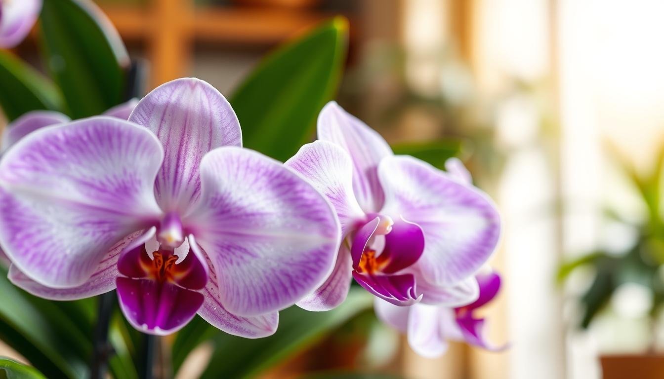 Orquídea Phalaenopsis com flores roxas e brancas e folhas verdes durante o período de floração.